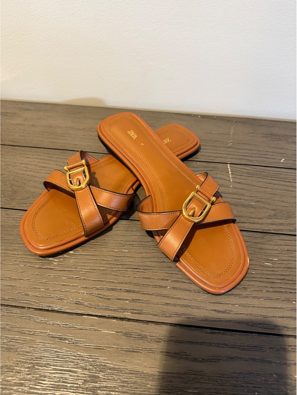 Zara Brown Leather Slide Sandals Women’s Size 37/7 - Picture 2 of 5